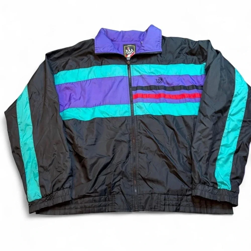 Vintage USA Olympic Windbreaker Jacket Men's Large Colorblock Nylon 90s